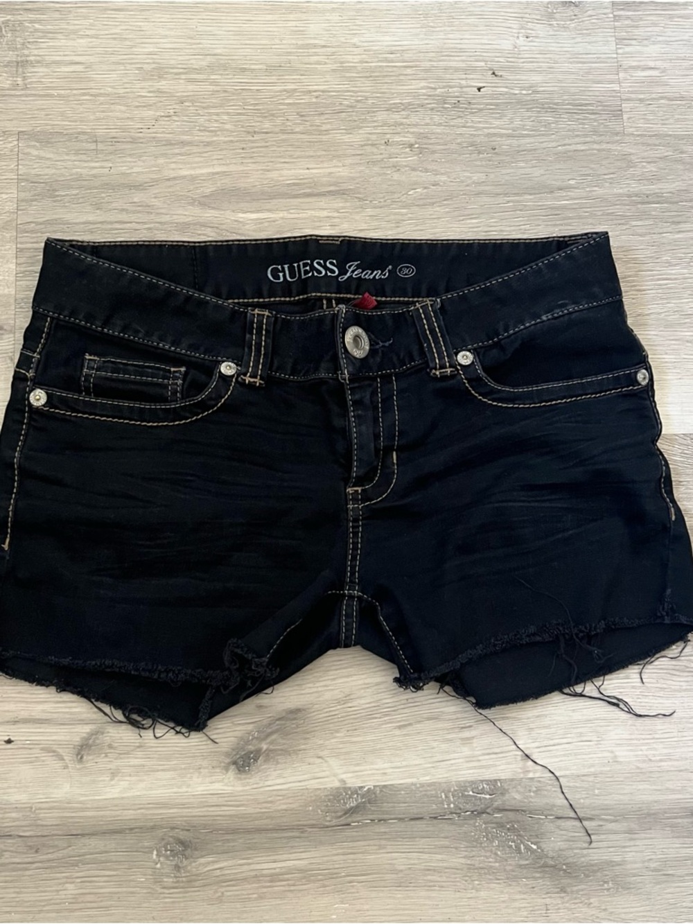 GUESS Black Frayed Hem Denim Shorts